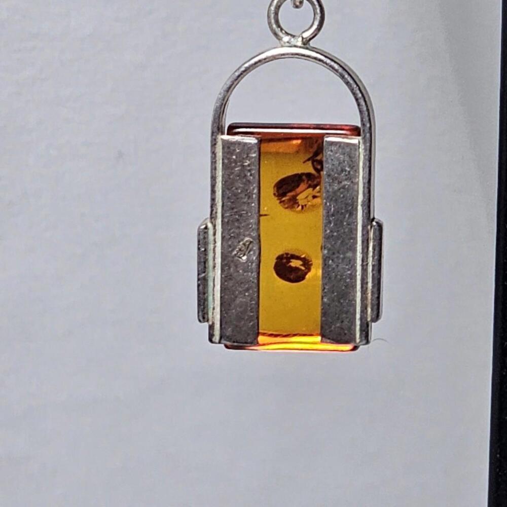 Vintage Sterling Silver Genuine Amber Stone Tube Bar Jar Dangling Stud Earrings - Picture 7 of 10